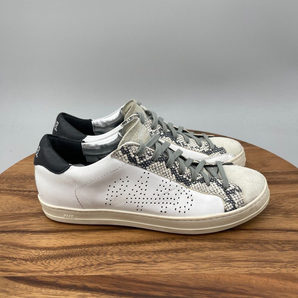 P448 John Shoes Womens Size 8.5 / 39 White Leather Python Print Comfort Sneakers